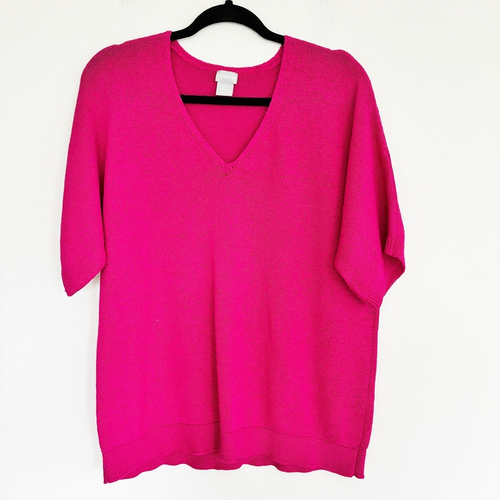 Chico's Linen Blend Sweater Women 3 XL Pink Short Sleeve Knit Top Relaxed Fit
